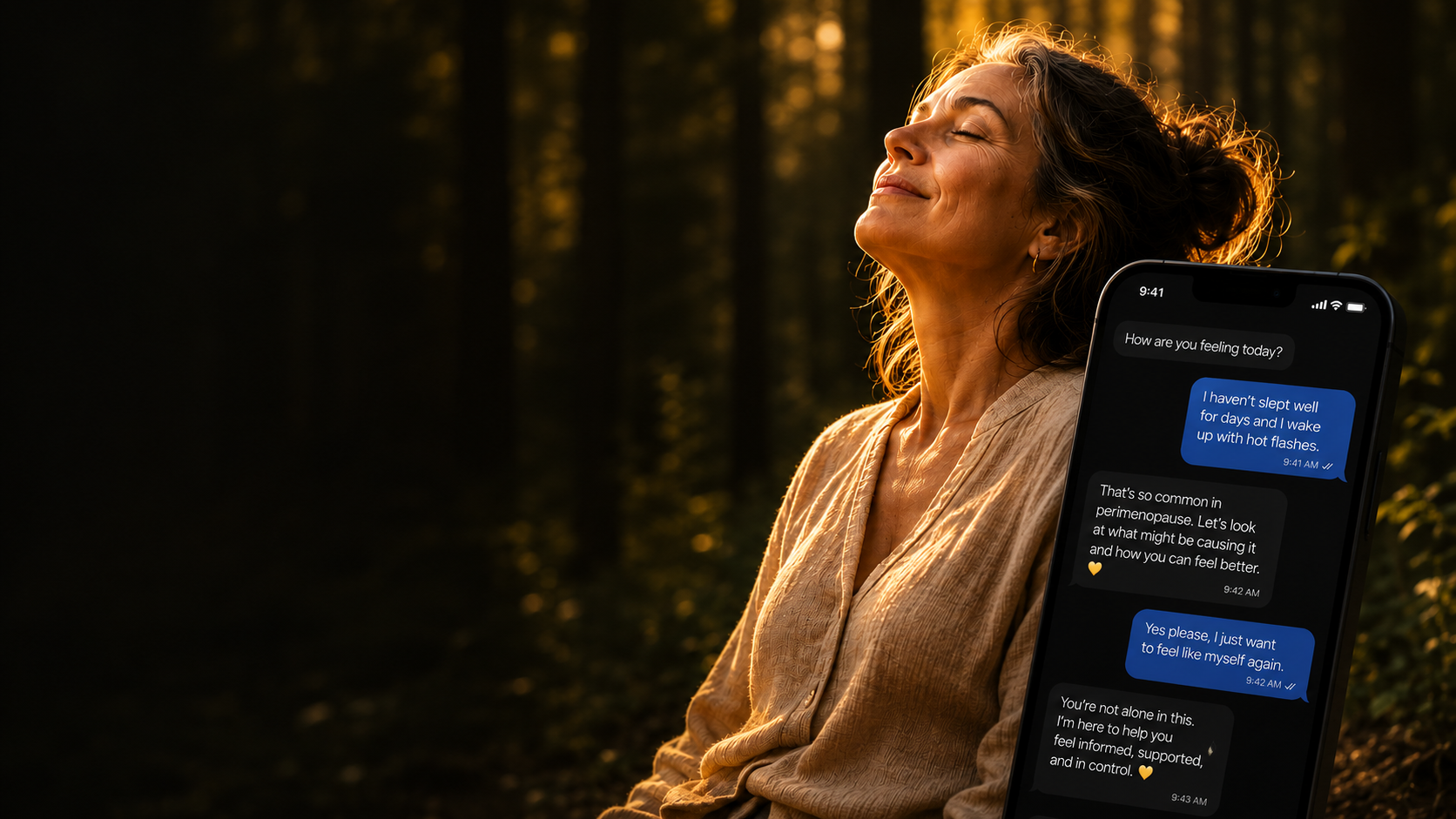 A woman in golden forest light, chatting with Ovea on her phone