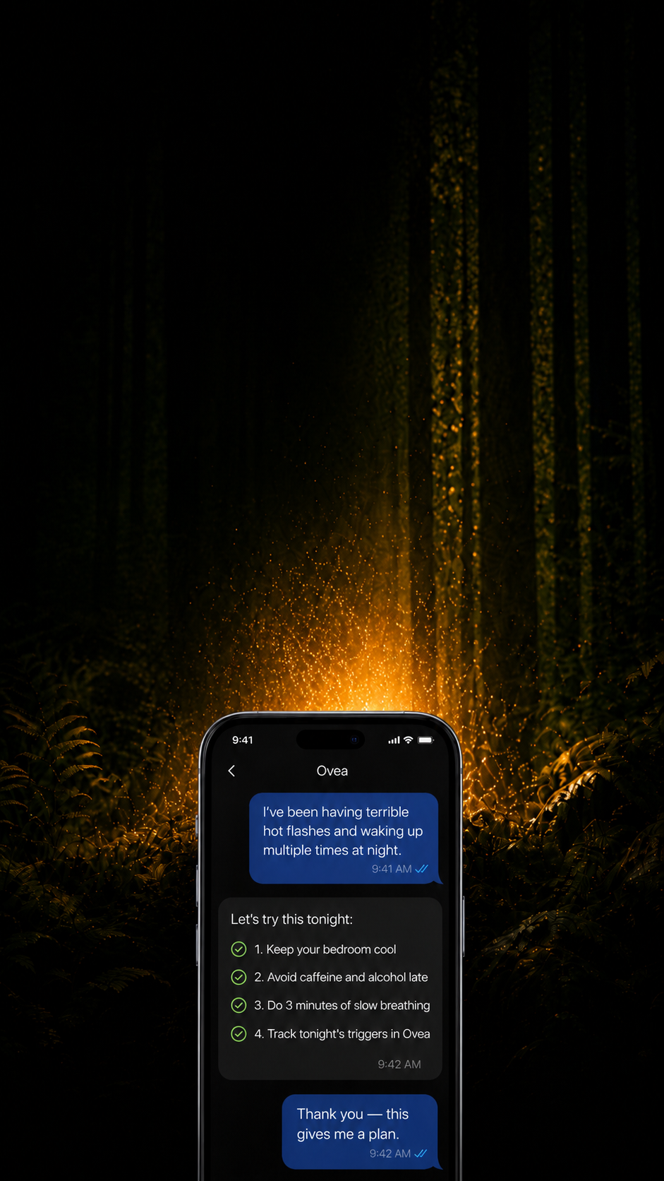 The Ovea chat glowing in a dark forest