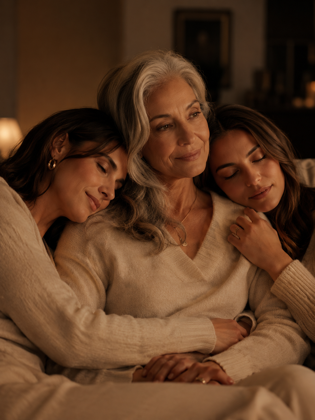 Three generations of women resting together, calm and at ease