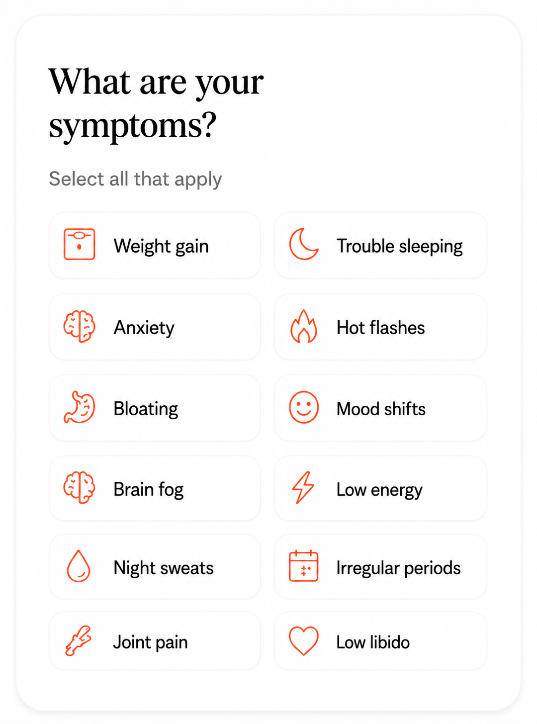 Selecting your menopause symptoms in Ovea